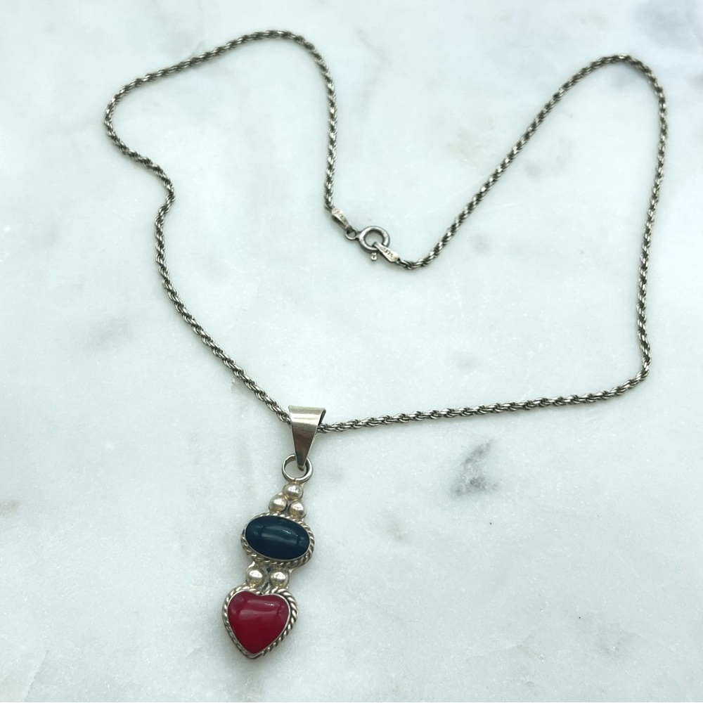 Sterling Silver Heart Pendant Necklace Red & Black Inlay Stone Rope Twist Chain - Picture 9 of 17